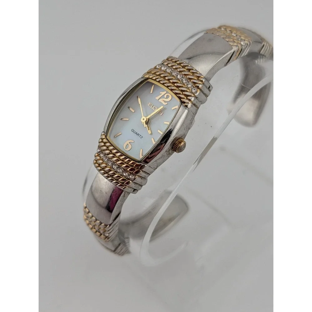 Elgin Watch Women 20mm Case MOP Dial Two Tone Bangle Band‎ Crystals- New Battery